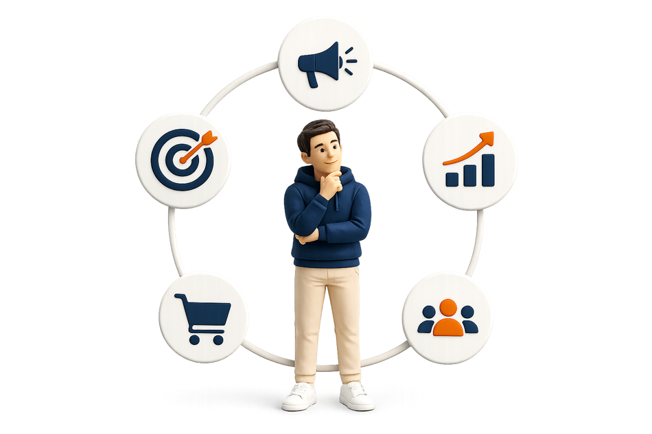 Podnikatel pracuje s přehledem online marketingu